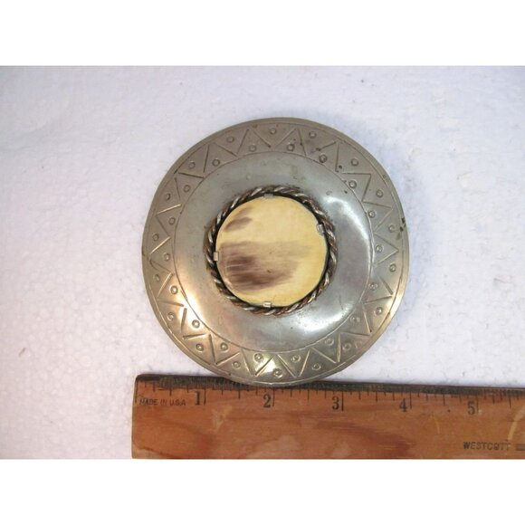 Vintage Large Silver Tone Moroccan Disc Belt Buckle with Geometric Design